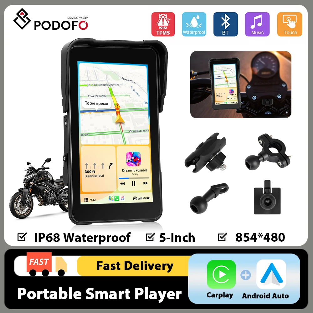 Reproductor Inteligente para Auto Podofo de 5 Pulgadas con Carplay y Android Auto, Pantalla Inteligente a Prueba de Agua IP68 para Motocicleta, Monitor de Presión de Neumáticos