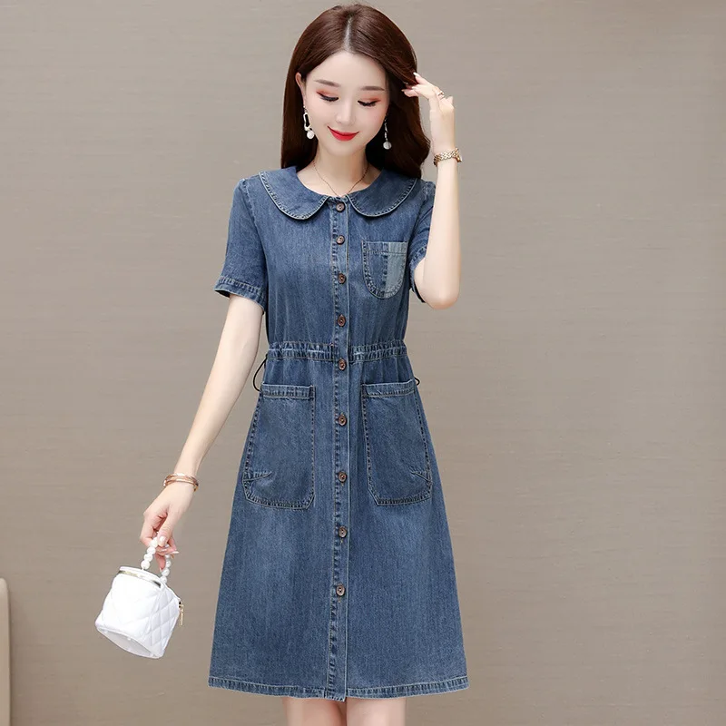 Women Denim Dress Summer Korean New 2024 Cowboy Dress Female Casual Mid-length Fashion Loose Dresses Female  Dress Vestidos