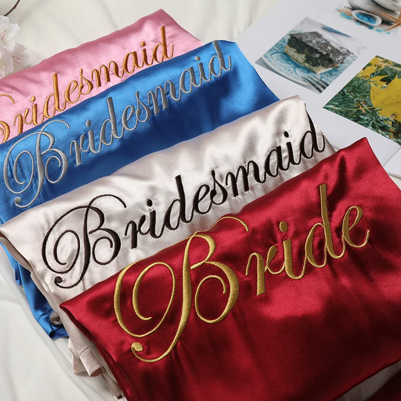 

Свадебный халат с вышивкой для невесты, подарок, элегантное атласное кимоно, халат, одежда для сна, сексуальное интимное белье, домашнее платье