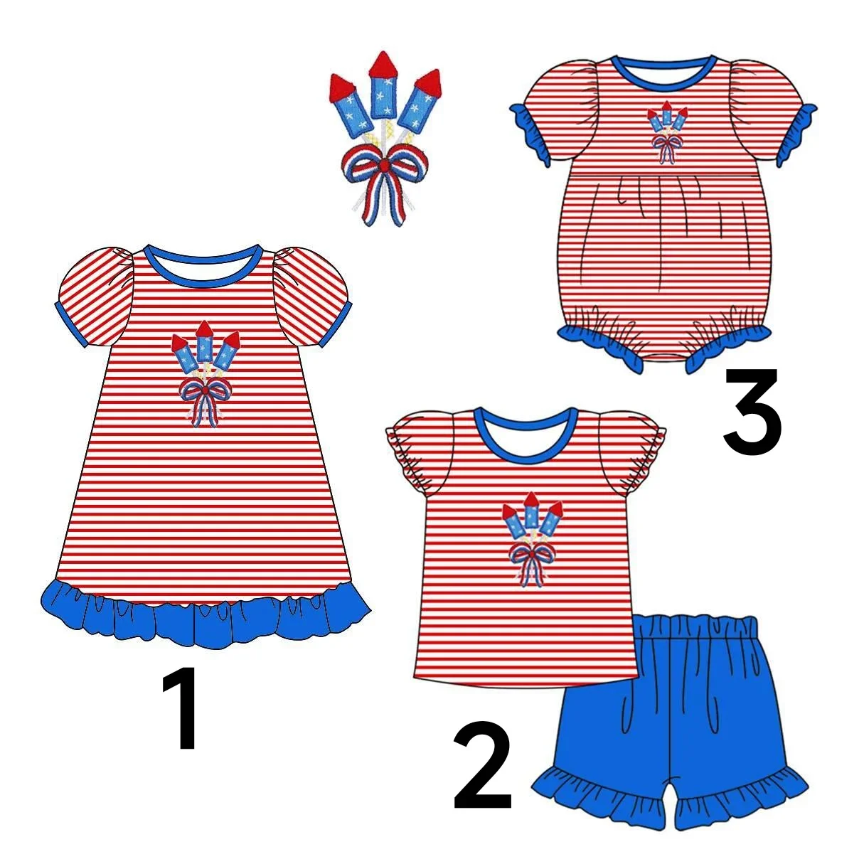 7.4 Children's Clothing Rocket Print Red Stripe Boutique Children's Independence Day New Clothing