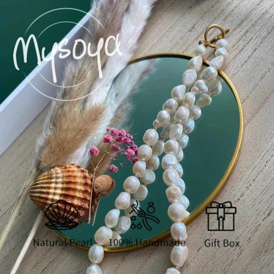 

MYSOYA 7-8mm Natural White Baroque Pearl Necklace For Women And Men With Gift Box Birthday Wedding Anniversary Jewelry Gift