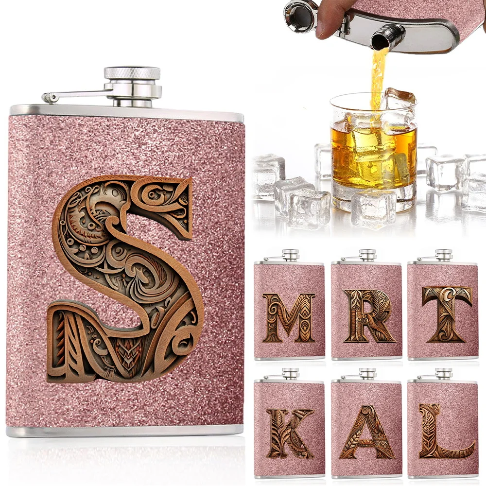 

Stainless Steel Flask For Women Wine Pot Pockets Water Bottle Never-Lose Cap Simplicity Camping Travel Wood Art Letter Pattern