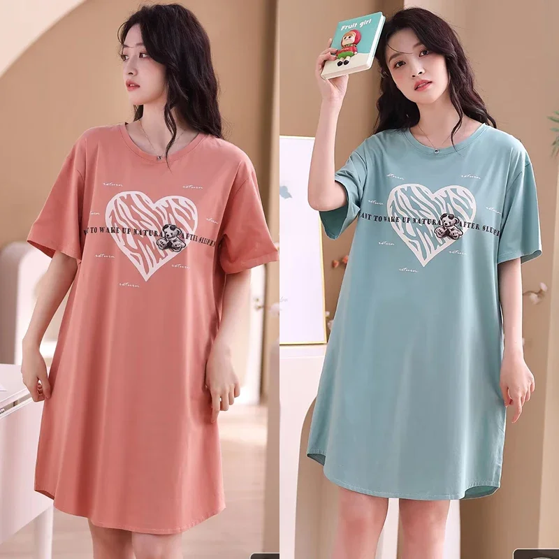 

Women's Pyjamas Dress Mercerized Cotton Short Sleeve Letter Nightdress Sweet Girly Heart Pattern Loungewear Ladies Long Skirt