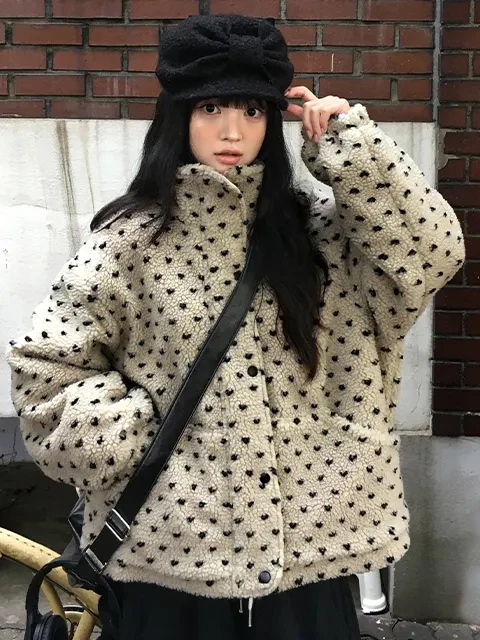 

Korean Sle Lazy Anti-Aging Heart Lamb Fur Cotton Jaet Women's Winter Coat Warm Stand Collar Zipper Loose Fit Outerwear