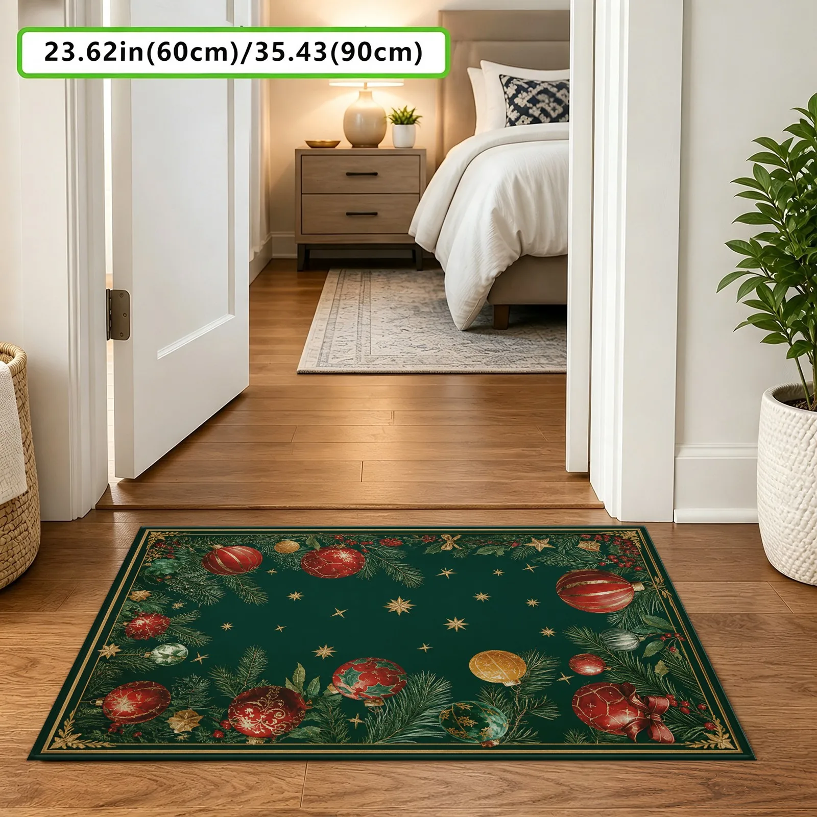 1pc Christmas Ball Pine Branch Area Rug, 2D Flat Print, Indoor Floor Mat for Living Room, Winter Holiday Decor