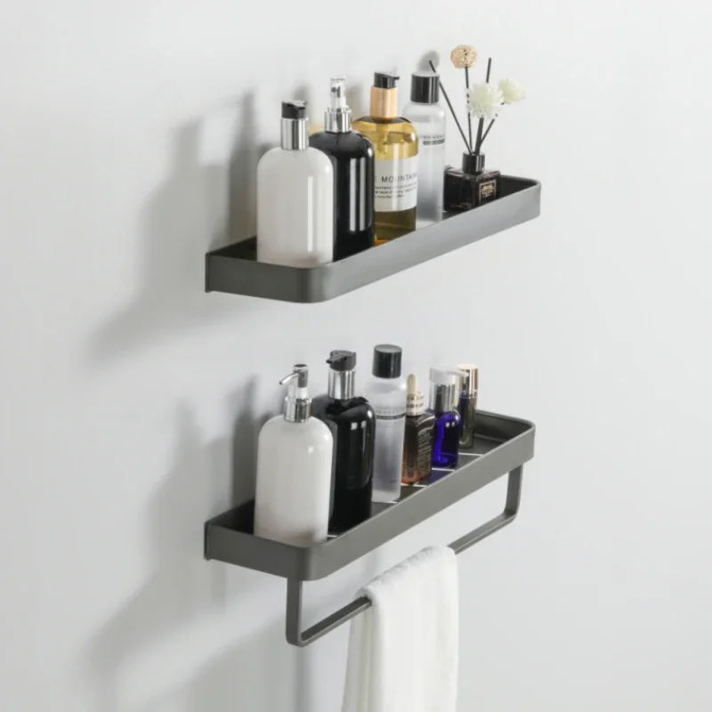 Bathroom multifunctional storage rack, aviation aluminum anti rust wall mounted storage rack, gray single-layer