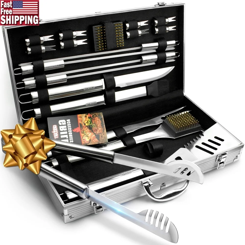 

19-Piece Stainless Steel BBQ Grill Utensil Set with Reinforced Tongs Multi-Functional Spatula Portable Aluminum Storage Case
