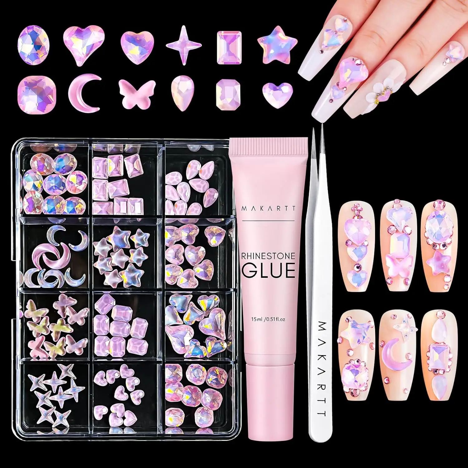 

Makartt Nail Charms Rhinestone Glue Kit 15ml Gel Nail Glue with 100PCS Pink Rhinestone Gems 3D Nail Art Decor with Tweezer