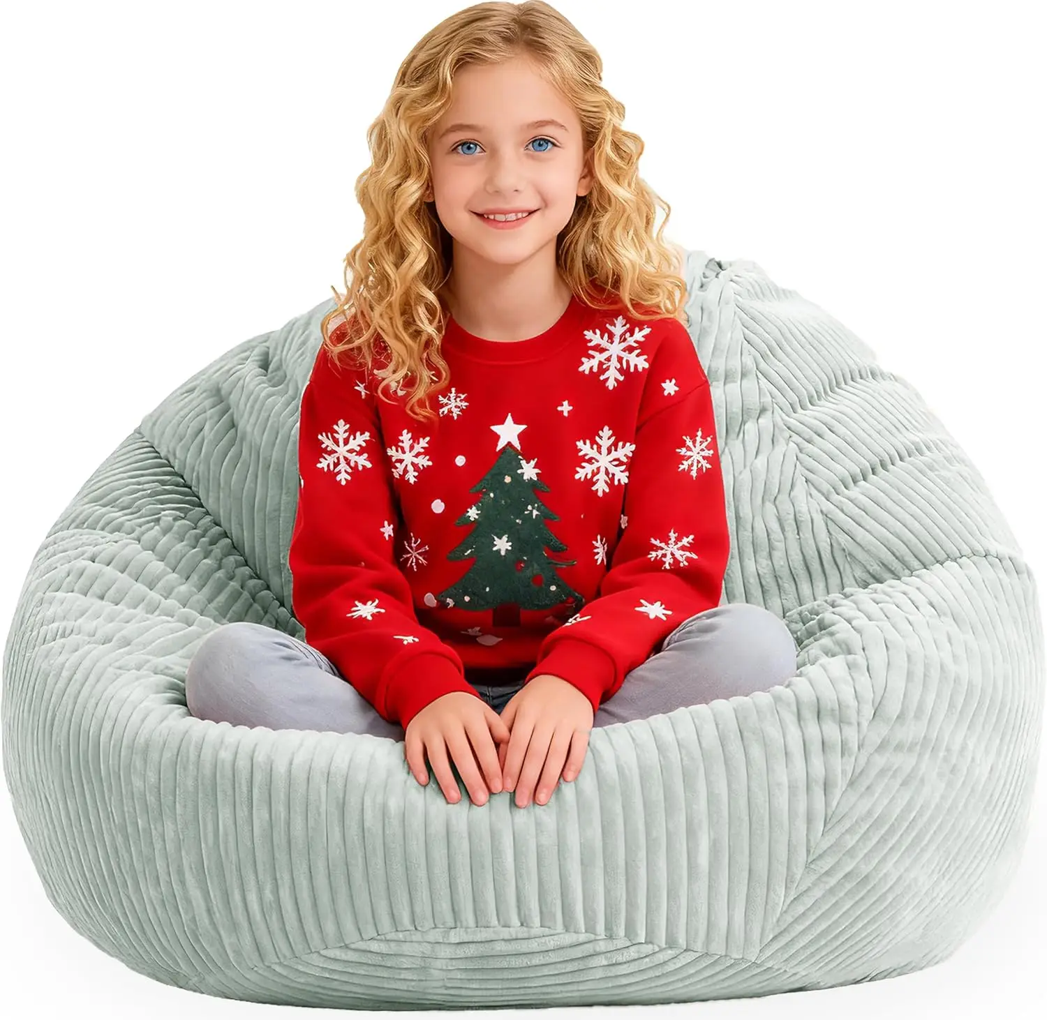 

Memory Foam Bean Bag Chair for Kids Teens, Faux Fur Sofa with Handle in Greyish-Green