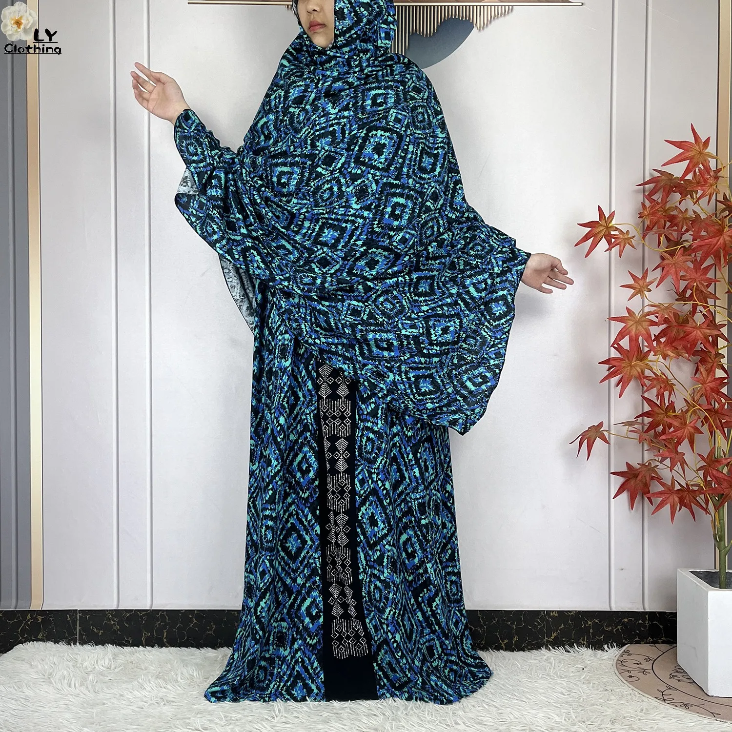 New Style Fashion Dubai Women Dress African Abaya Cotton Printed Loose Boubou Maxi Islam Women Short Sleeve Dress With Big Scarf 3