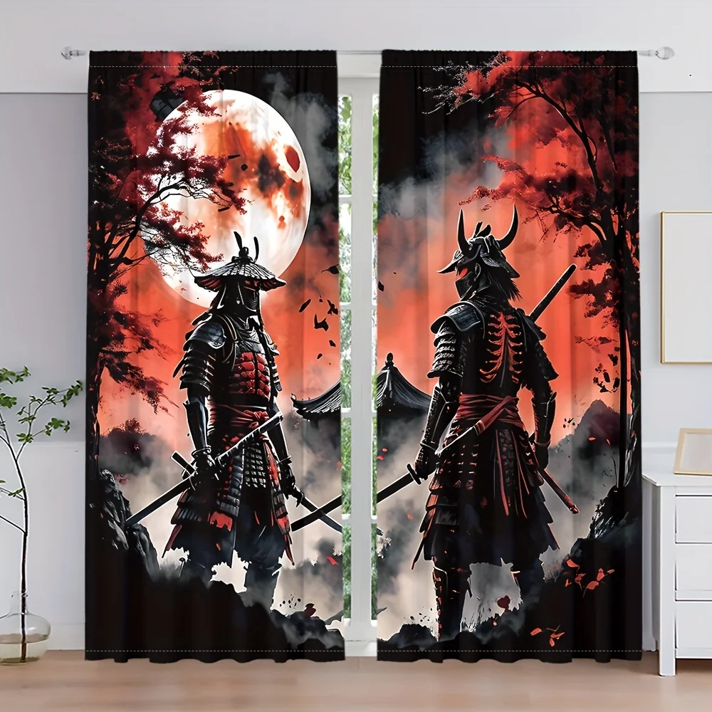 2pc Black Samurai Moon Curtains – Red & Black Anime Style, Rod Pocket, Light-Filtering for Living Room, Bedroom & Kitchen