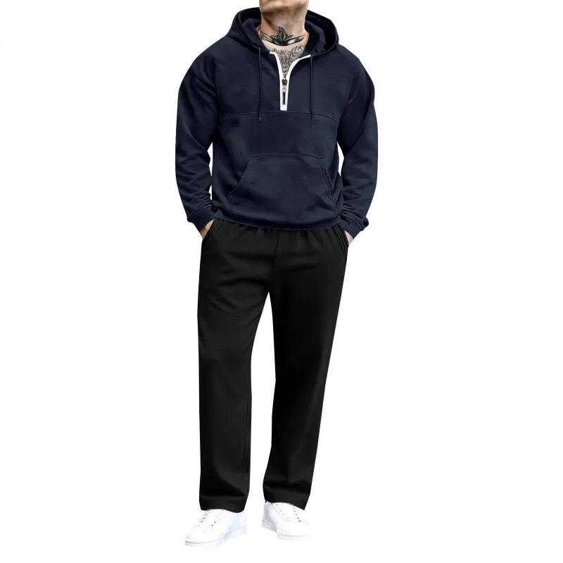 Men's 2-Piece Tracksuit Set Light Blue Half-Zip Hoodie with Black Straight Leg Sweatpants Casual Sportswear Set