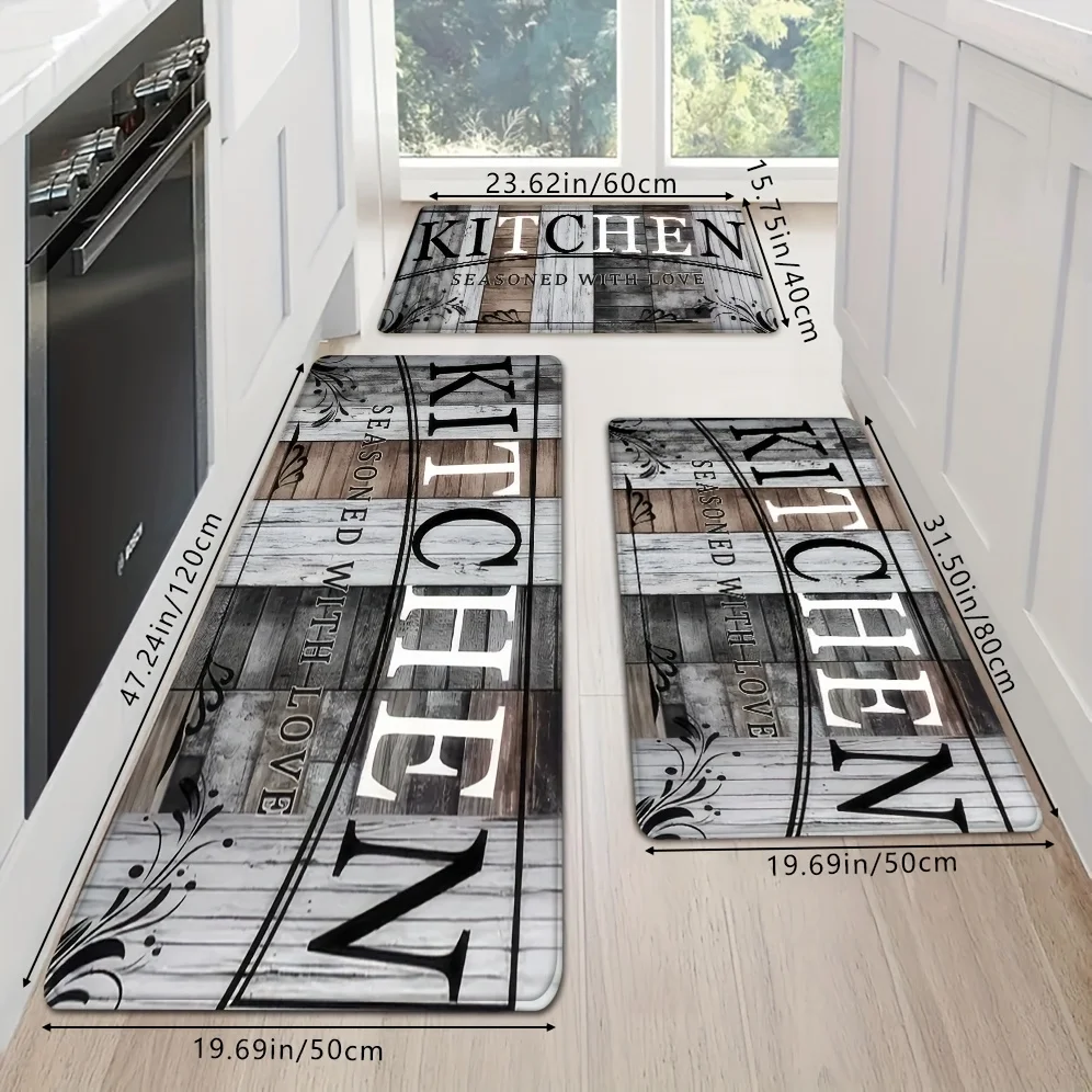 2PC American Country Vintage Wood Grain Kitchen Runner Mat KITCHEN Letter Print Non Slip Oil Proof Rug Dining Room Decor