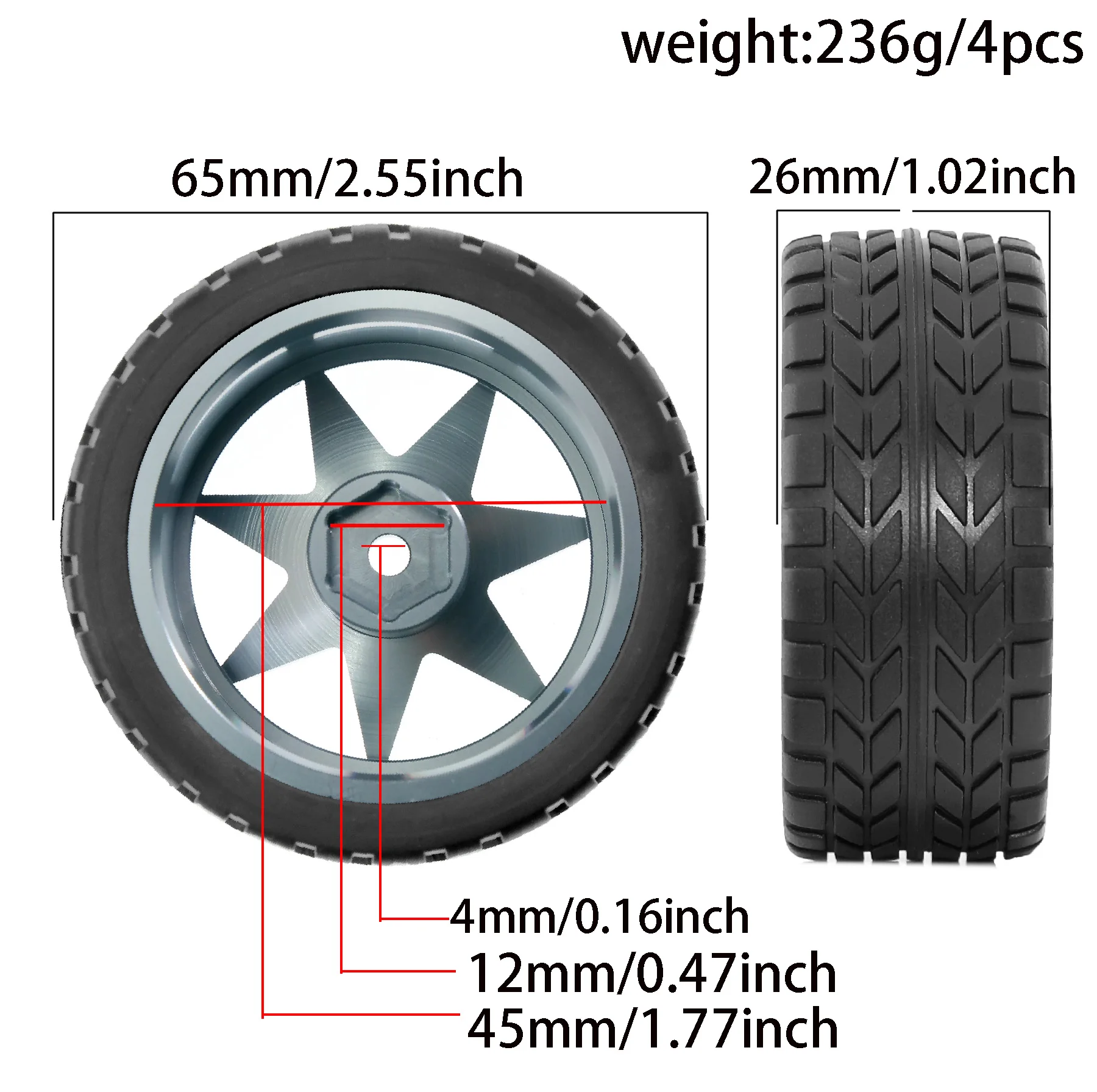 1/10 RC Racing Mate Wheels Tires Set - 12mm Hex Metal Rims for Tamiya TT01/TT02/XV01/XV02 HSP HPI Kyosho - On-Road Car Upgrade