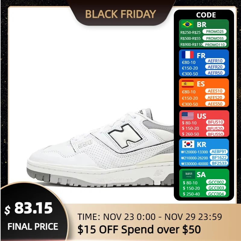 Original New Balance NB 550 Classic Vintage Faux Leather Casual Men's and Women's Running Shoes White Silver BB550PWA