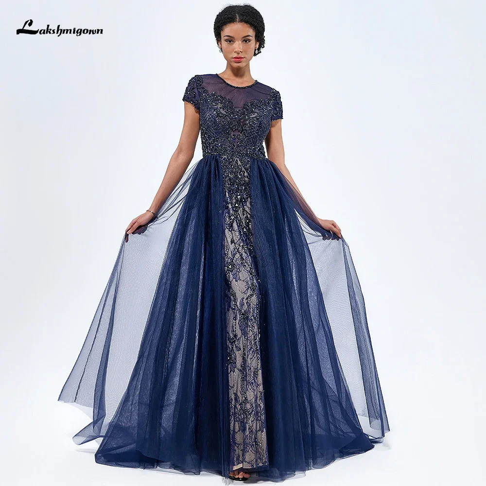 Lakshmigown Chic Navy Blue Evening Dresses A-Line Princess Scoop Neck Crystal Short Sleeve Backless Floor-Length Long Formal Dre