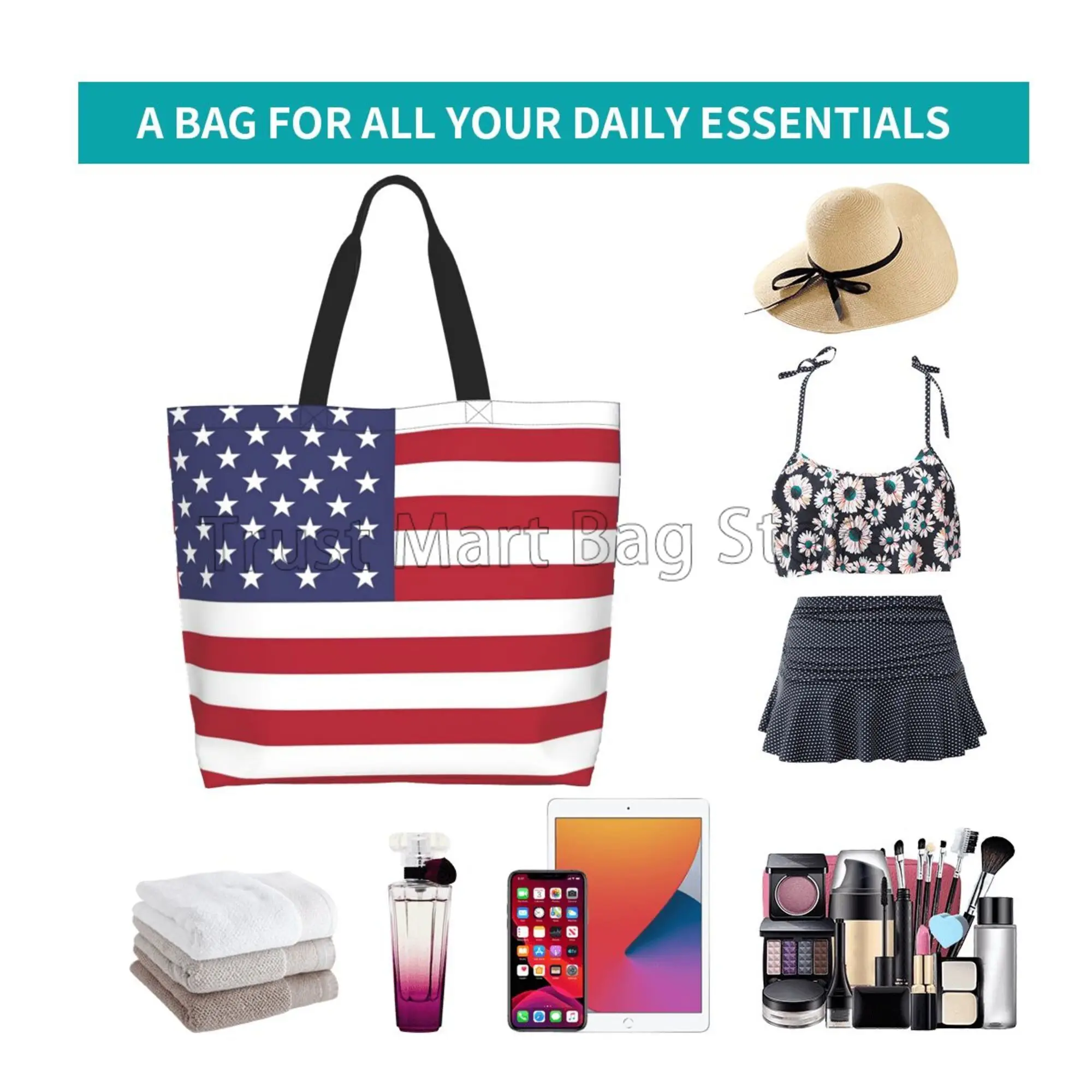 American USA Flag Canvas Tote Bag Large Women Casual Shoulder Bag Handbag Reusable Multipurpose Shopping Grocery Bag for Outdoor