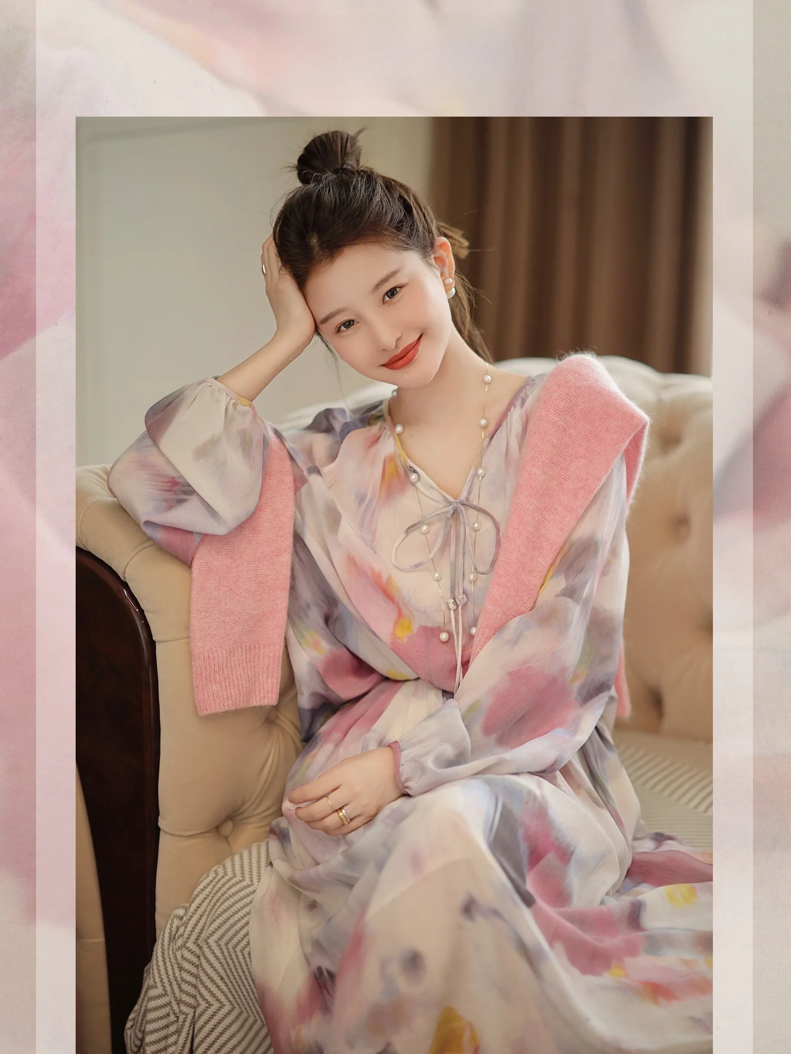 

Комплект Zhaodaxi Fre Sle Lantern Sve с плиссированной юбкой, серия «Акварельная радуга», женская летняя футболка из смесового шелка, свободный крой