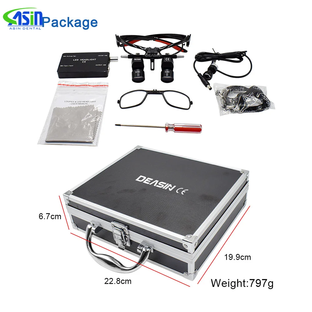 Dental Binocular Loupes 5.0X Ergo Magnifier with Headlight 350-550mm Pupil Working Distance Adjustable battery Rechargeable