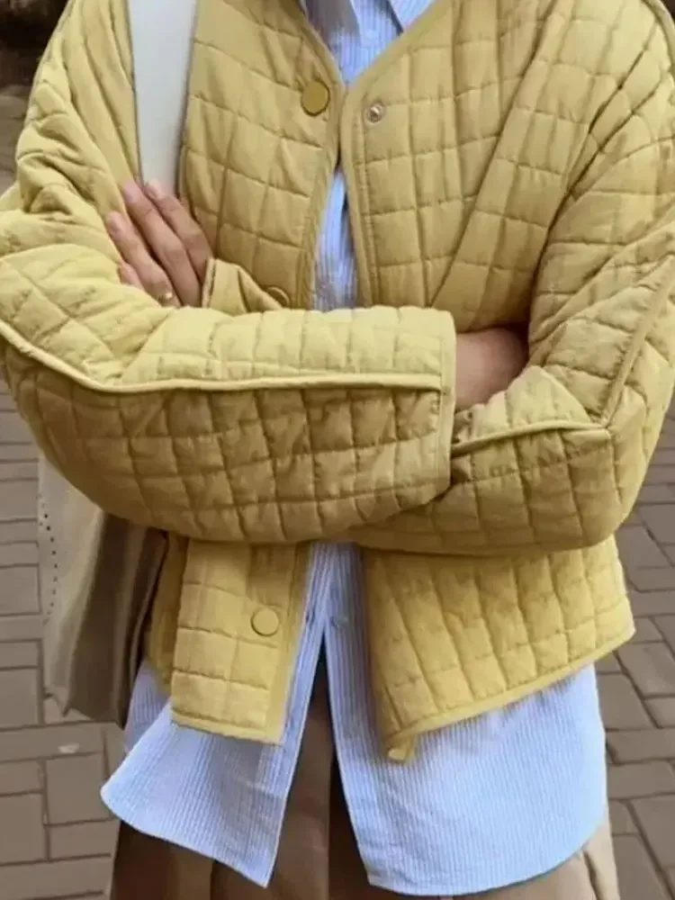 2025Winter Dame Zakken Streetwear Dames Nieuw Bovenkleding Casual Vrouw Gewatteerde Jas Effen O-hals Losse Single Breasted