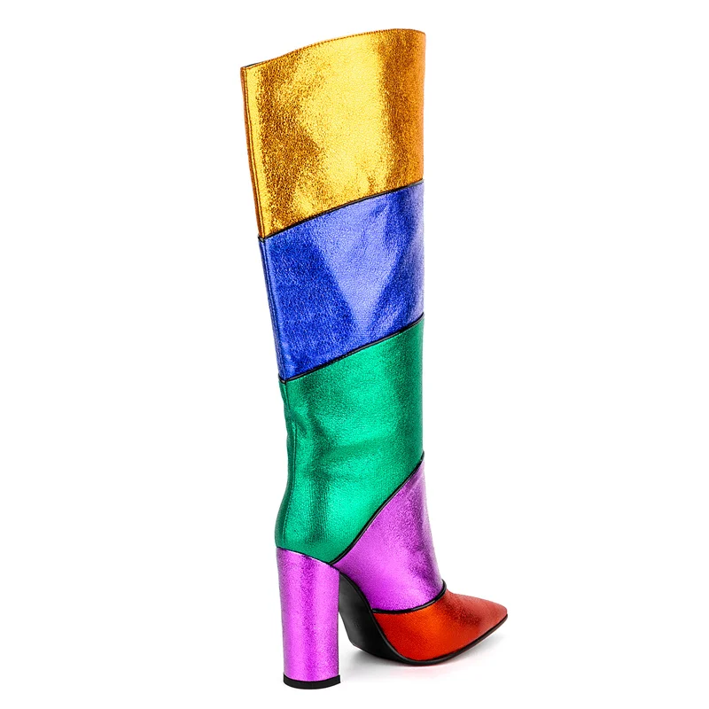 Chunky Heels Women\'s High Boots Novelty Fashion Pointed Toe High Heels Luxury Female Shoes Mixed Colors Slip-on Botas De Mujer