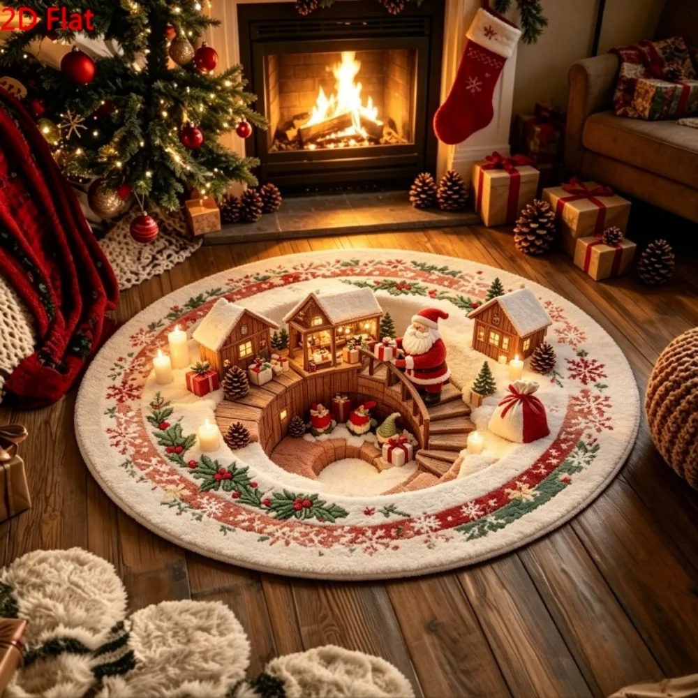 Christmas Santa Claus 3D Vortex Checkerboard Round Area Rug Washable Soft Carpet for Living Room Bedroom Holiday Home Decor