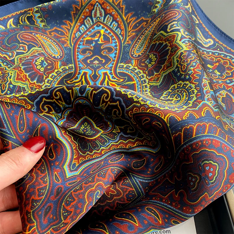 Pure Silk Fashion Print  Square Neck Scarf Women Lady Summer Paisley Foulard Shawls Wraps Bufanda Head Kerchief Bandana 2023