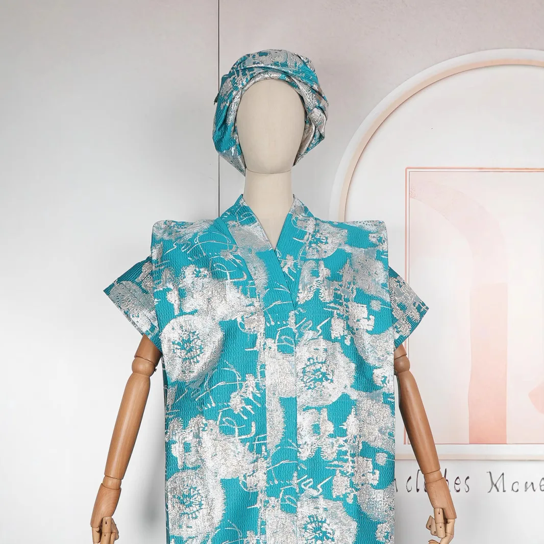 2025 Nieuwe Ankara Afrikaanse Print Plus Size Loose Fit Moslim Maxi Abaya Kaftan Jurk met Bijpassende Hijab Sjaal Jacquard Stof