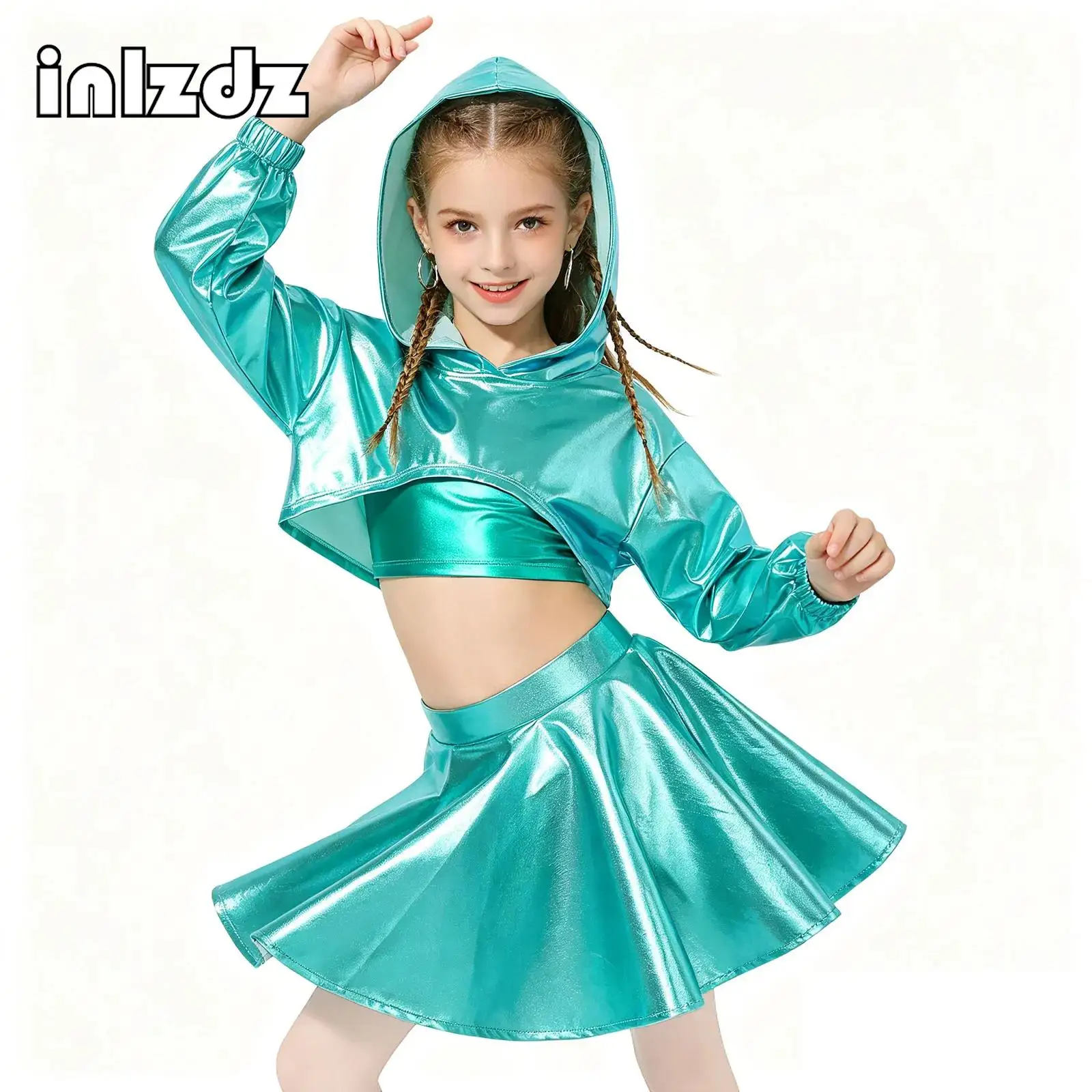 

2Pcs/3Pcs Sets Kids Girls Metallic Shiny Jazz Dance Outfit Crop Top with Pleated A-line Skirt Cheerleading Performance Costume