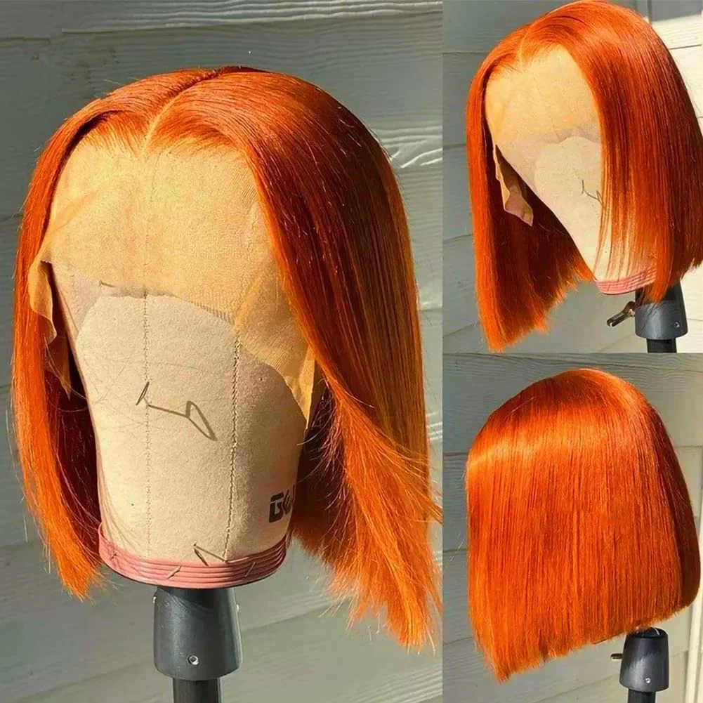 Peruca curta reta Bob com frente de renda, cabelo humano, perucas de renda frontal, destaque vermelho, gengibre, cor laranja, 13x4