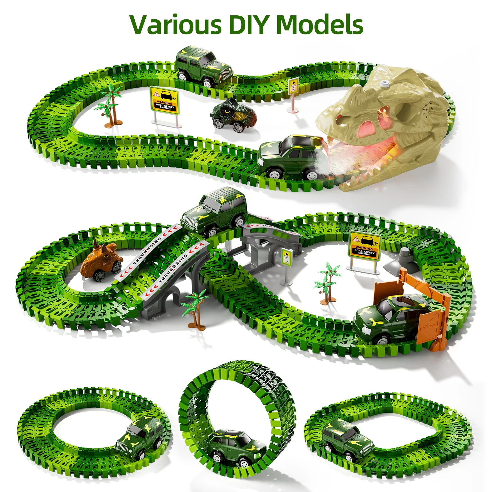 249 PCS Dinosaur Skeleton Rail Car Toys with Sound & Light, Dinosaur Race Car Tracks Diy Engineering for Children as Gifts