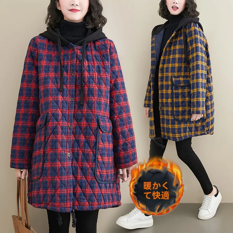 

Thiened Cotton lin Plaid Jaet Женское свободное пальто миди большого размера в художественном винтажном стиле Long Sve с капюшоном на одной пуговице Clo...