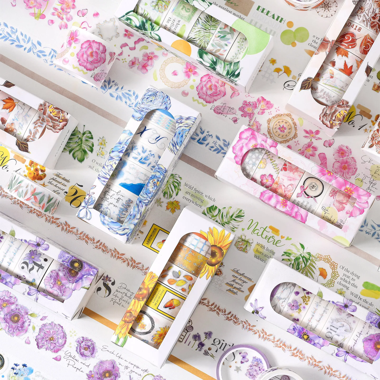 

7 Rolls/set Aesthetic Flowers washi Tapes KIT Cute Masking Adhesive Stickers Vintage Leaves DIY Journaling Scrapbooking Supplies