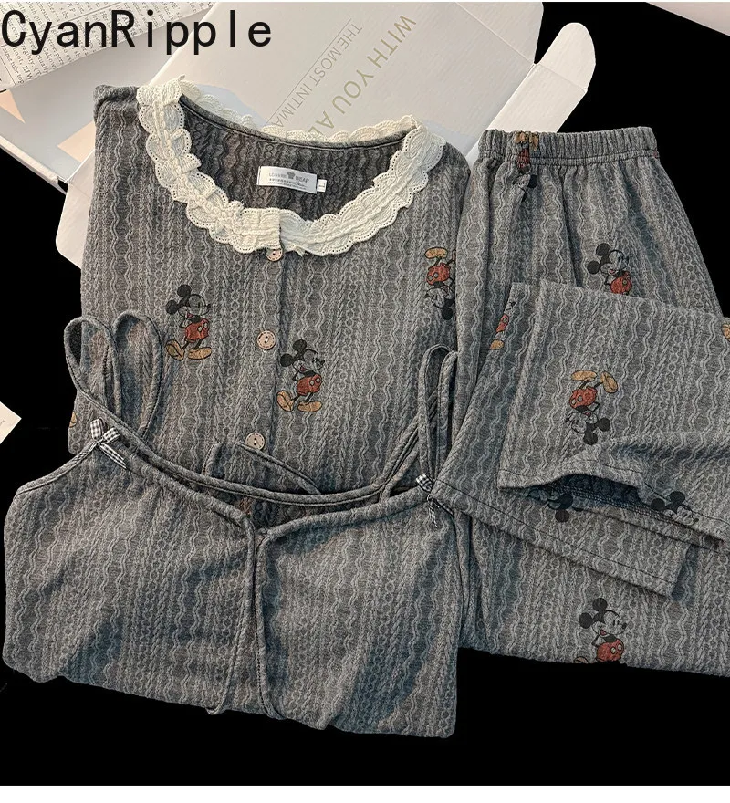 

Mickey Pajamas Three-piece Set New Summer Long Sleeve Cardigans Shirt + Breast Pad Camisole Top + Straight Pants Homewear Sets
