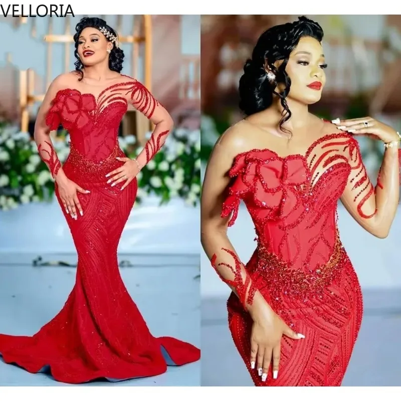 

Роскошное красное вечернее платье Aso Ebi с цветами и блестками, расшитое бисером платье русалки с длинными рукавами, праздничное платье, бальное платье по индивидуальному заказу