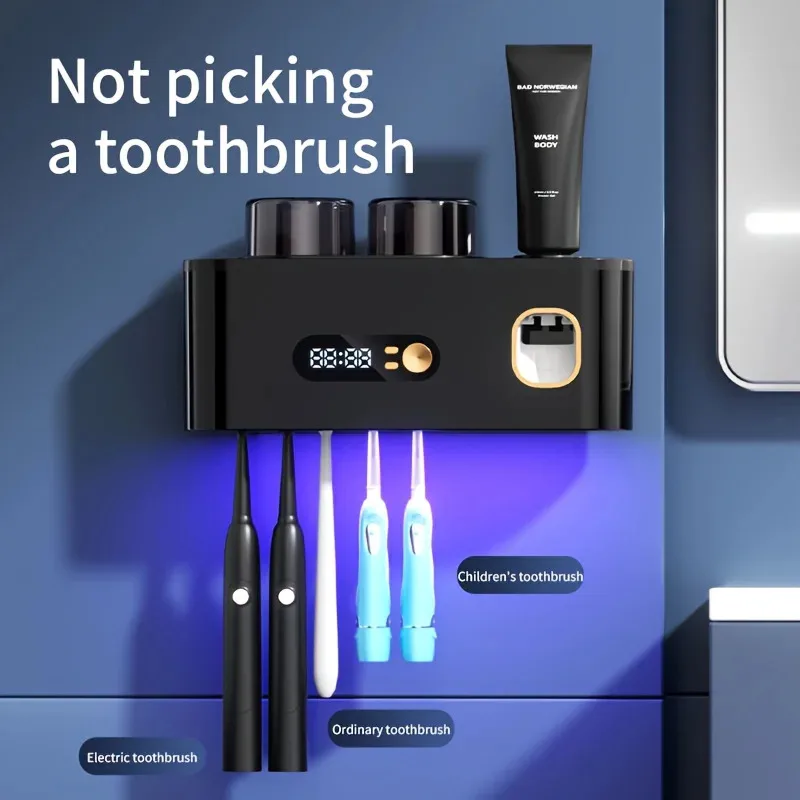 

1 smart eectric toothbrush with 2 cups, automatic UV toothpaste dispenser,5-slot brush holder, USB lithium battery clock display