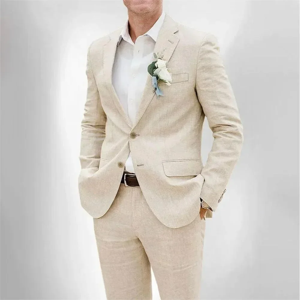 Elegant Linen Suits for Men Beach Wedding 2 Piece Notch Lapel Slim Fit Blazer Pant Set Males Tuxedo Smart Casual Pantsuits