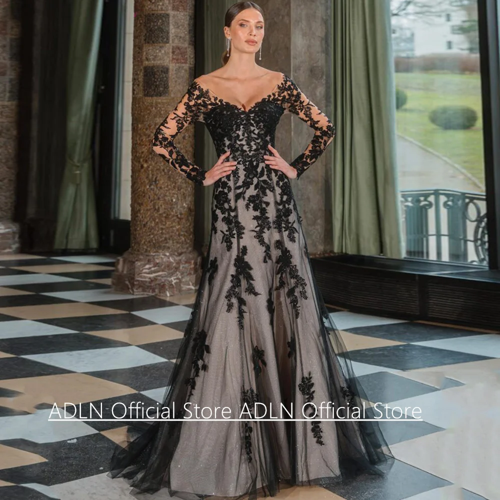 Schwarzes Meerjungfrau-Hochzeitskleid für Frauen, individuell gestaltet, lange Ärmel, V-Ausschnitt, Sweep-Zug, Glitzer, Tüll, Spitze, Brautkleid, Vestido Noiva