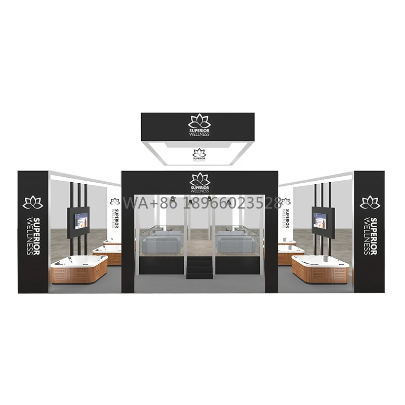 Conception personnalisée 10x8m grand luxe Led rétro-éclairé chine usine offre spéciale exposition affichage cabine d'exposition commerciale avec plafond