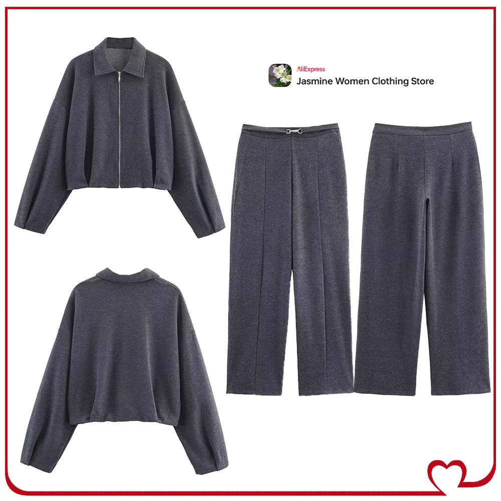 Элегантные шикарные женские комплекты из саржи. Мягкая саржевая куртка на молнии с плиссированным подолом. Одинаковые тональные широкие брюки с металлической пряжкой.