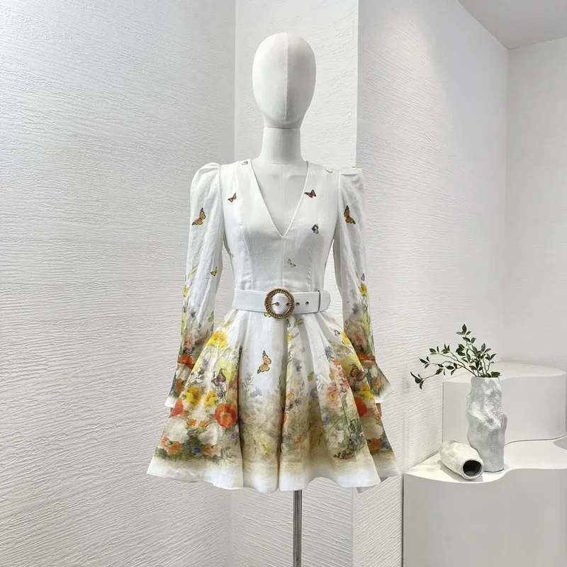 

Linen butterfly floral print white elegant new 2024 full flare sleeve V-neck belted women vintage high quality mini dress