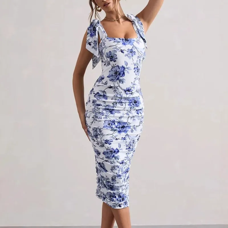 Zomer nieuwe mode woon-werkjurk Dames temperament Elegant Retro bedrukt geplooid strikje vierkante kraag mouwloze slanke jurken