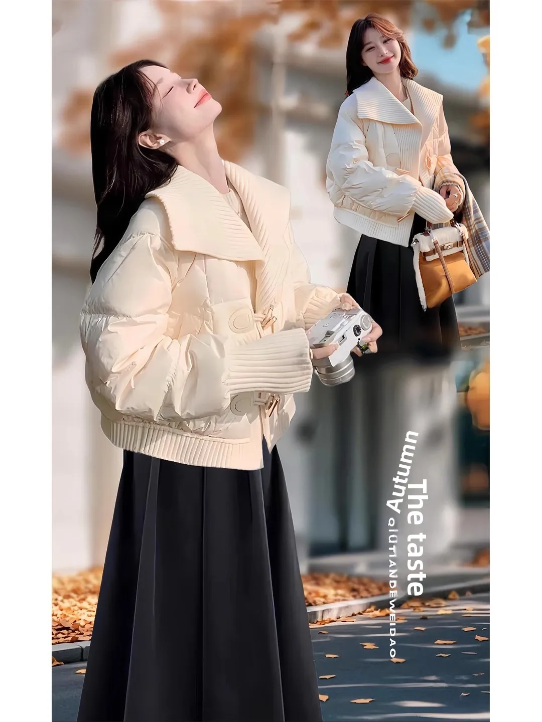 

Warm Knitted ort Bread Sle Coat in Beige Color with Patchwork Design Korean Loose Fit Cotton Jaet for Women Winter Oute...