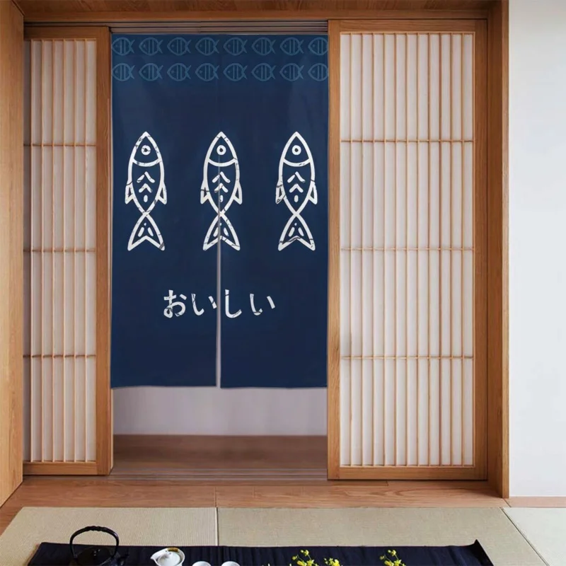 VIKAMA Japanese-Style Fish Illustration Door Curtain, Kitchen Izakaya Privacy Curtain, Home Decor Half Door Curtain