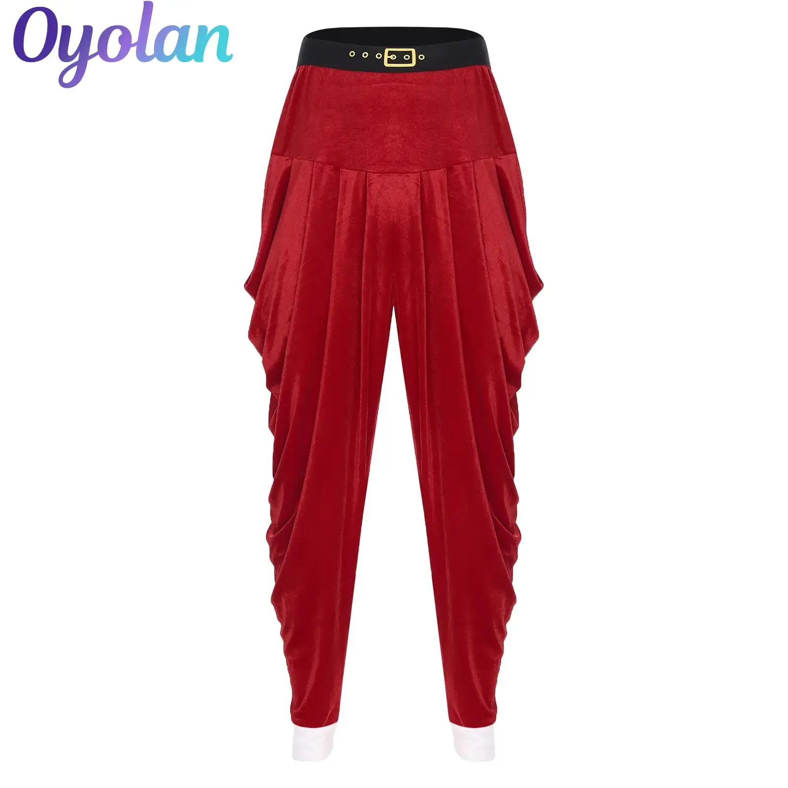 

Mens Christmas Xmas Santa Claus Theme Party Cosplay Performance Costume Red Long Pants Contrast Color Velvet Baggy Trouses