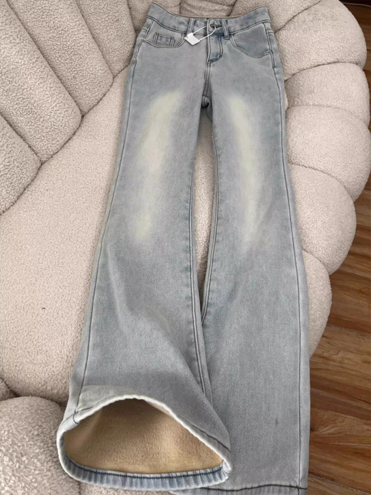 

Thiened Fce High Waist Bell Bot Jeans Women Winter New Sle Elastic Slimming Wide Leg Hoof Pants Casual Cotton...