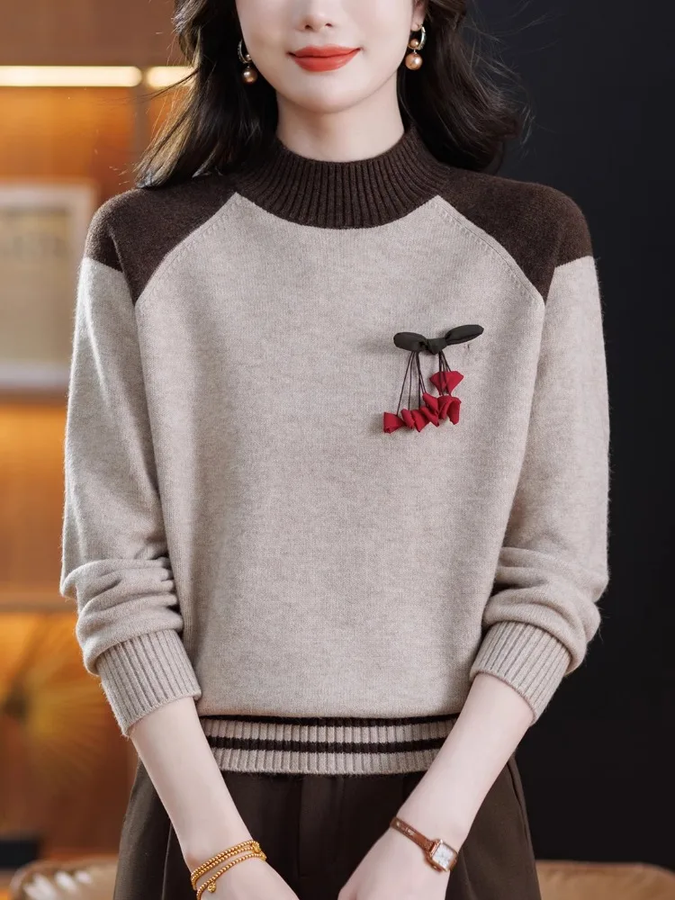 Gestrickter Wollpullover für Damen mit hohem Kragen, Basisschicht-Oberteil, Herbst-Winter, Faion Outlet Store, reguläre Swe-Länge, 00 % Wolle