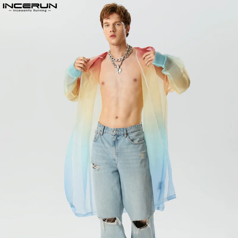 2024 Men Trench Tie Dye Gradient Hooded Long Sleeve Transparent Open Stitch Casual Coats Streetwear Fashion Male Cardigan INCERU