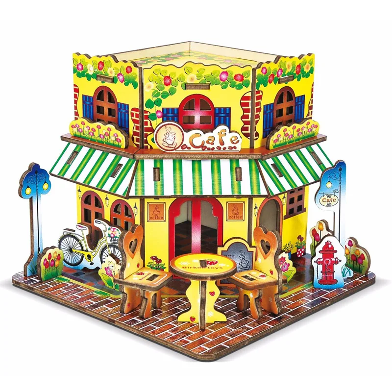 Wooden 3D Ice Cream Cottage Model Construction Puzzles Miniature Kits Self Assembly Toy Craft Gifts Toys Educational Toys
