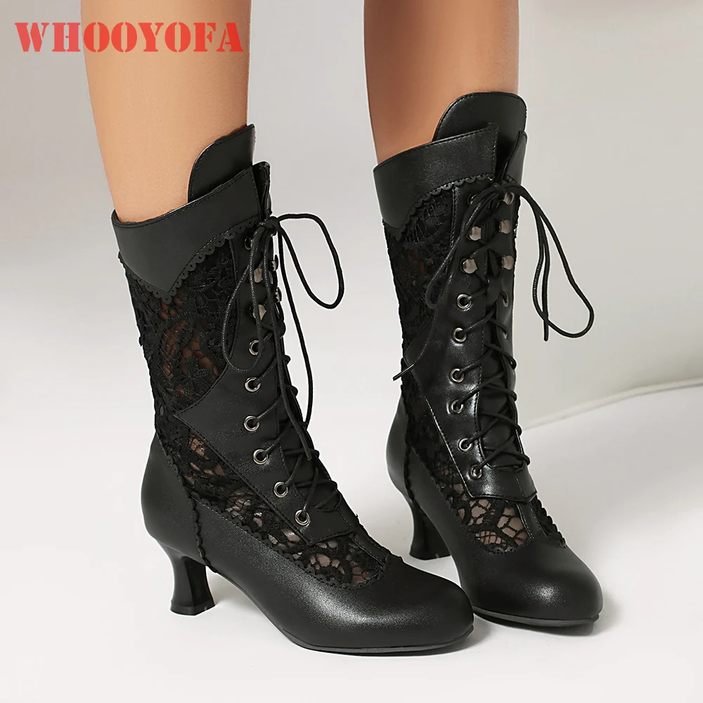 

2026 Spring New Classic Black White Women Mid Calf Riding Boots 5cm High Heels Lady Shoes Plus Small Big Size 10 30 42 44 48